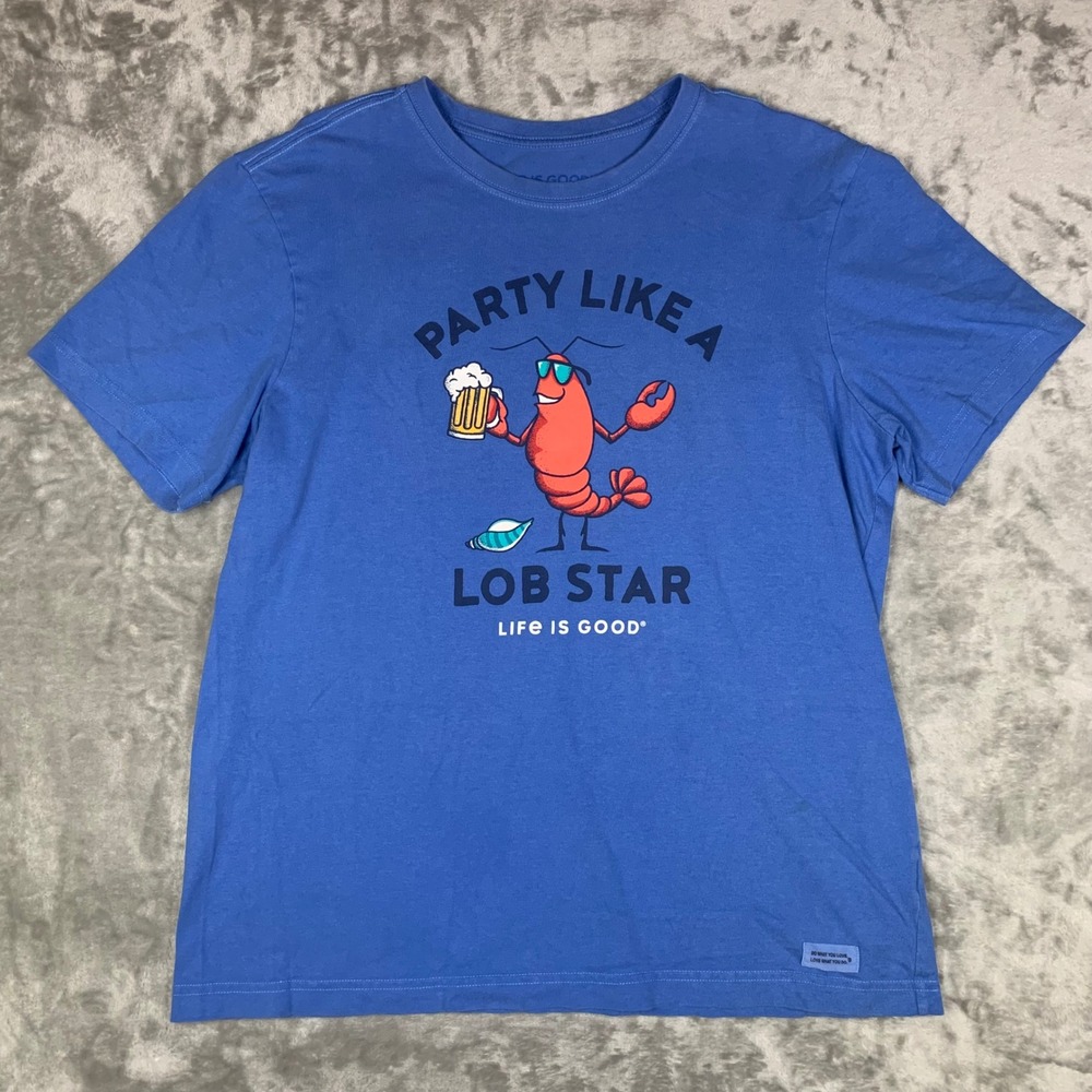 Life is Good Crusher T-Shirt Men M Blue Party Like a Lob Star Lobster Beer Beach